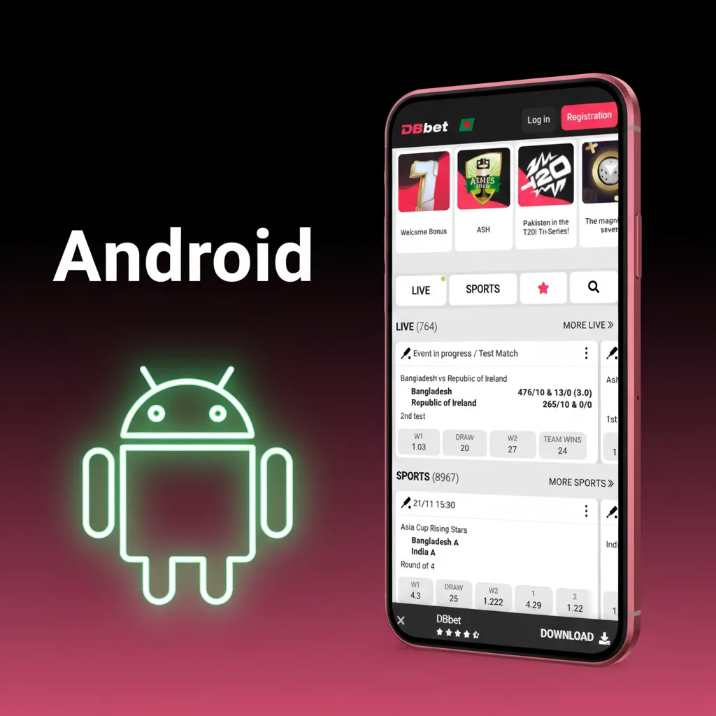 Android phone with betting app; APK install steps; live markets and casino; Android 7.0+; Bangladesh; BDT currency.
