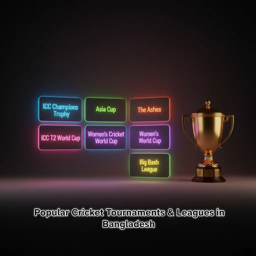 Popular cricket tournaments in Bangladesh: ICC World Cup, T20 World Cup, Asia Cup, BPL, and T20 leagues