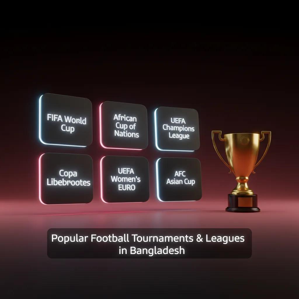 Infographic of popular football tournaments and leagues in Bangladesh: FIFA World Cup, UEFA Champions League, AFC, EPL, BPL.