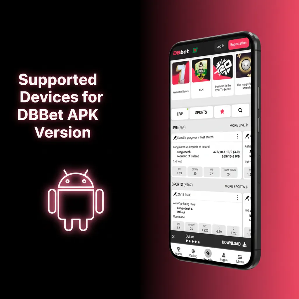 DBBet APK compatible devices: Android 8+; tested brands in Bangladesh: Samsung, Google, Huawei, OnePlus, Oppo, Xiaomi, Poco.
