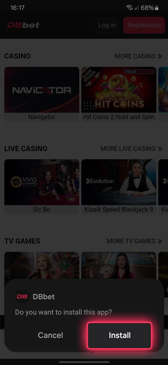 Install the DBbet app on Android and open full mobile access.