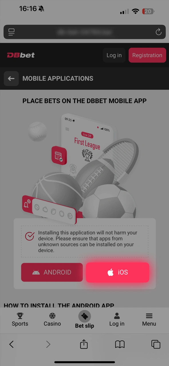 Tap download on iOS and open the DBbet app experience.