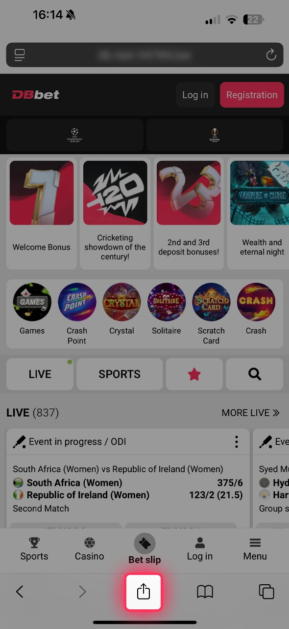Use the share menu to add DBbet to your device.