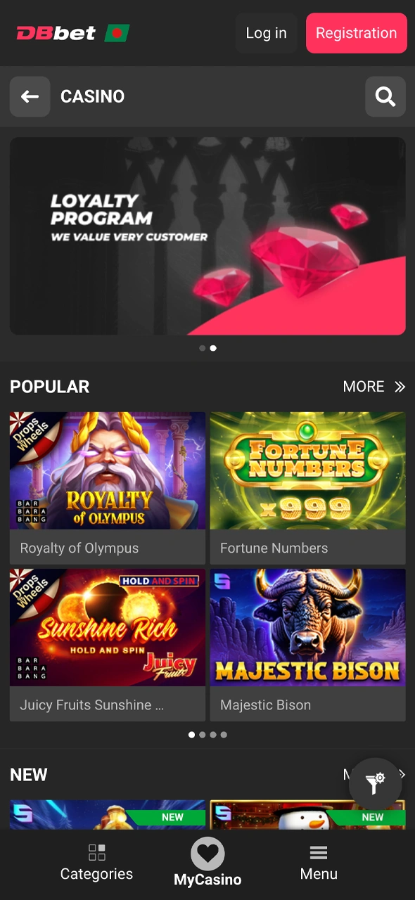 Enter the casino section in the DBbet app and enjoy mobile gaming.