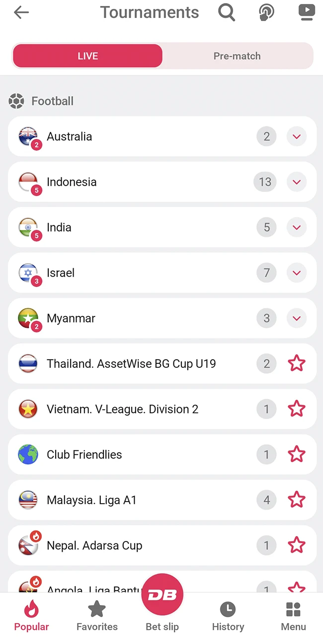 Locate upcoming matches on the official DBbet website.