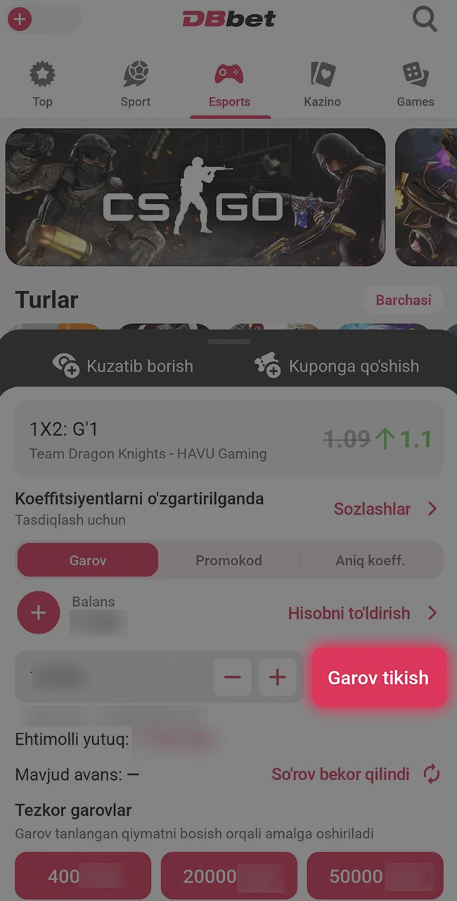 DBbet saytida birinchi kiber sport garovingizni qo'ying.