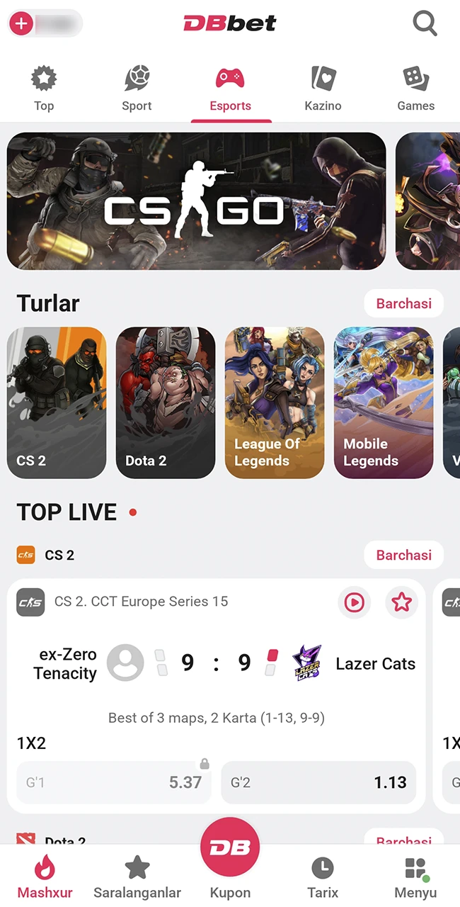 DBbet raqobatbardosh oʻyinlarni tanlang.