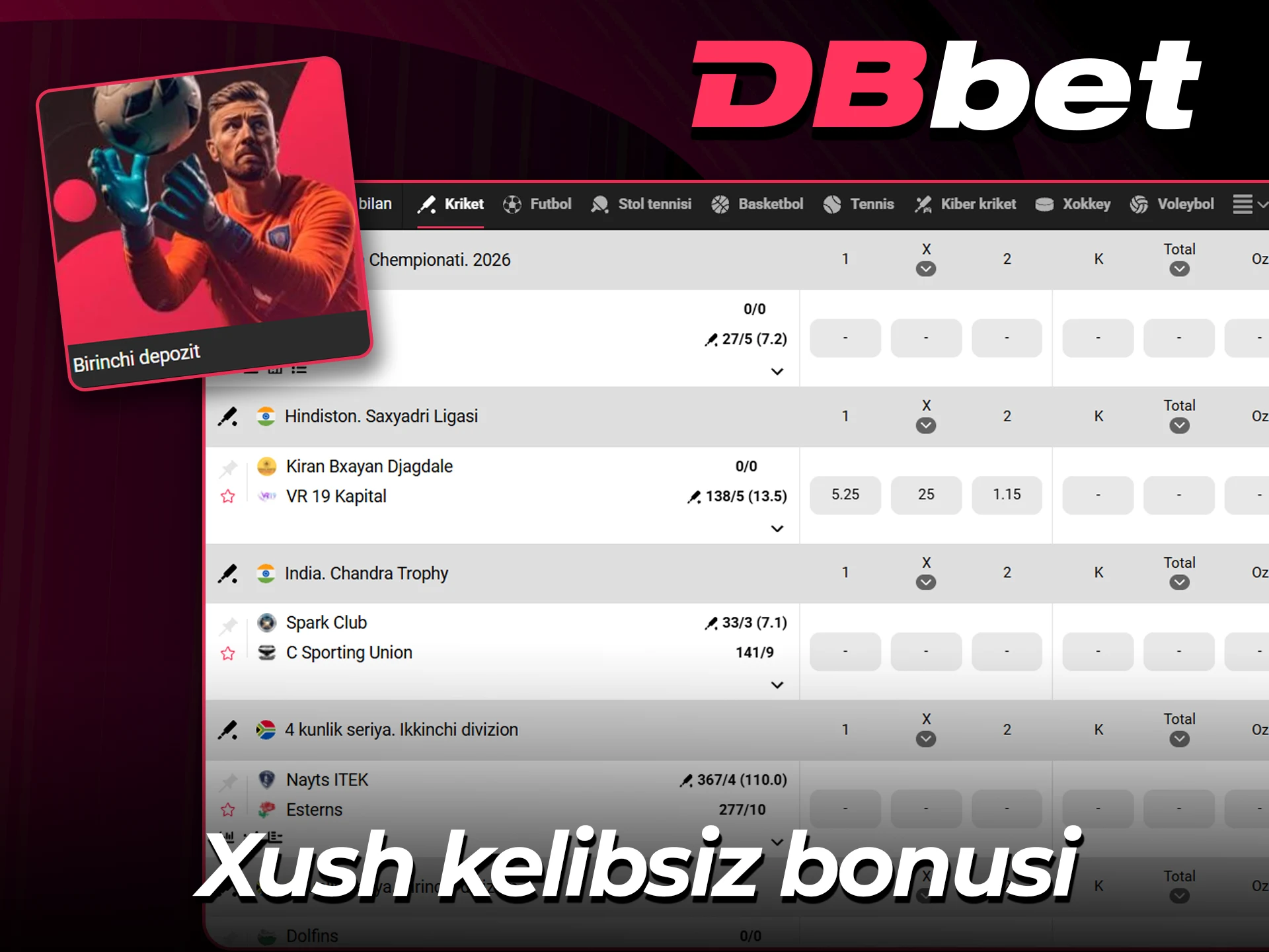 DBbet saytida kriketga yozilish bonusingizni oling.