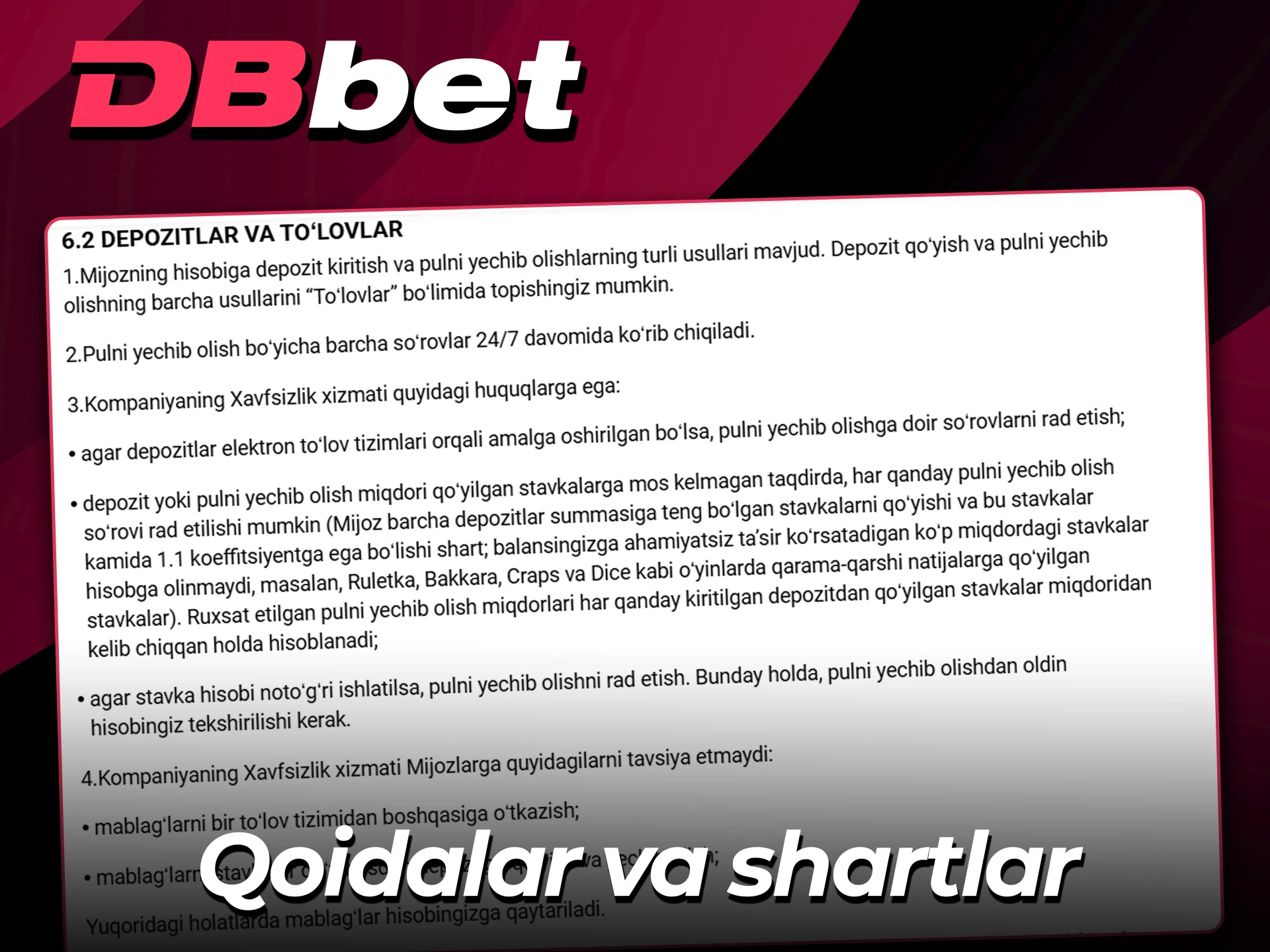 DBBet saytida to'lov shartlarini ko'rib chiqing.