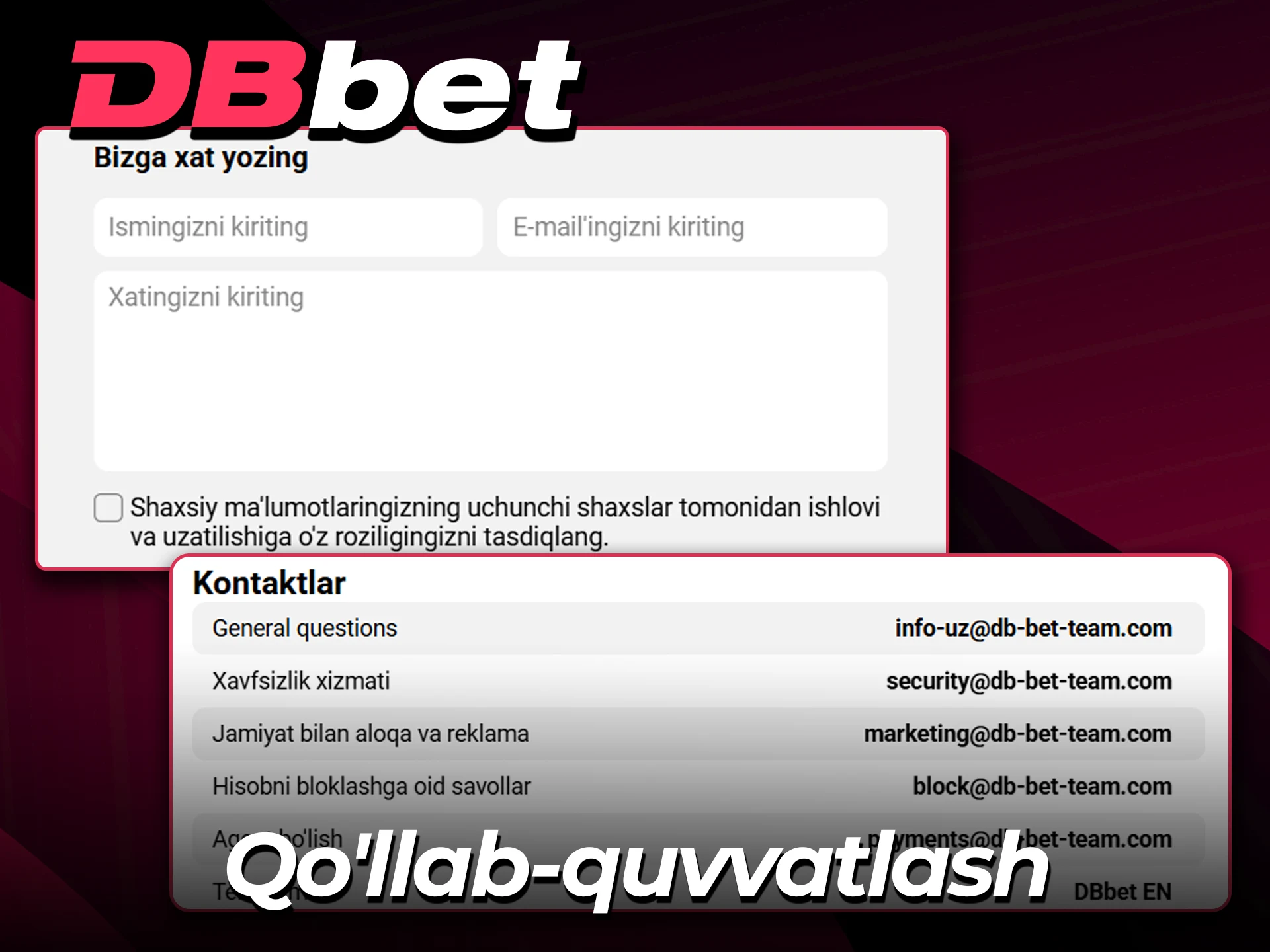 Hoziroq DBBet rasmiy veb-saytining yordam xizmatiga murojaat qiling.