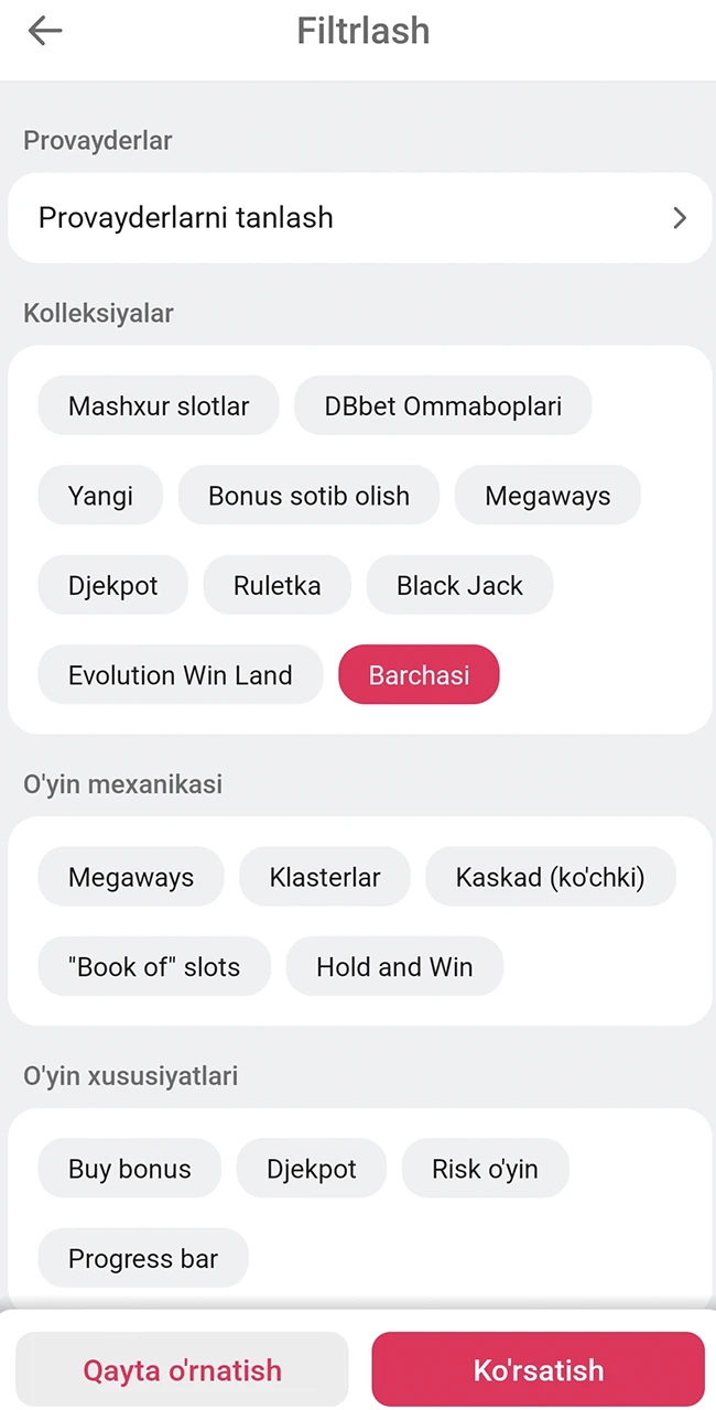 DBBet demo yoki haqiqiy o'yinni tanlang.