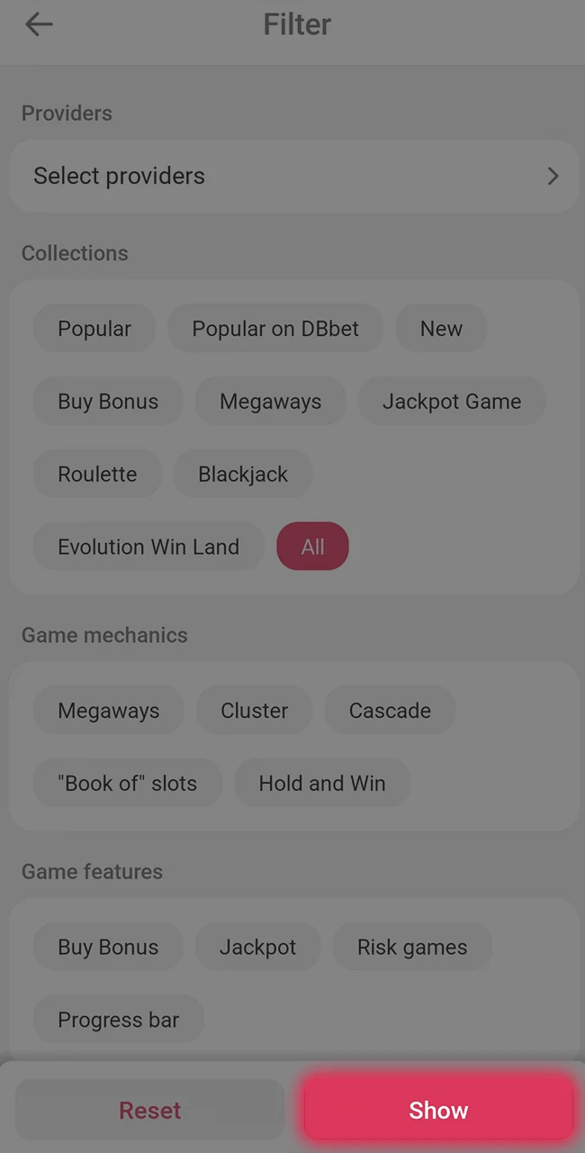 Select demo or real play at DBBet.